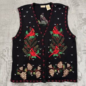 VTG BOBBIE BROOKS Women’s X-Large Black Holiday Cardinal Beaded Appliqué Vest